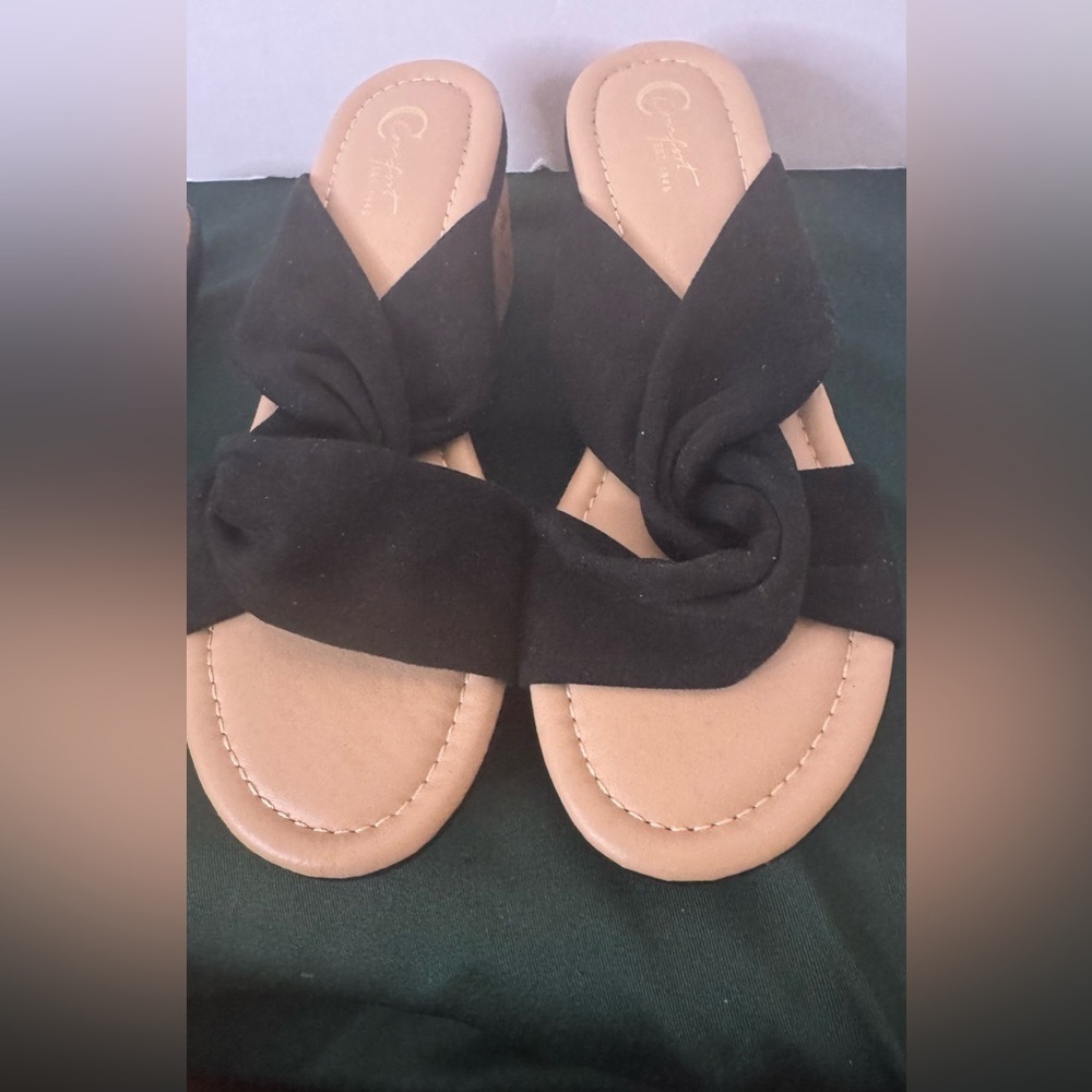 Beautiful Comfy Black Sandals by Comfort Fabric Straps and 2 1/4” Wedge EUC